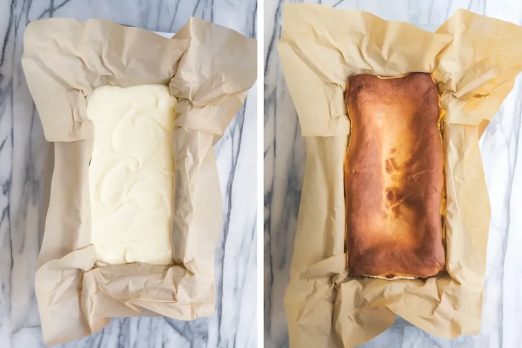 Loaf pan basque cheesecake before and after baking, showing the batter and finished cheesecake.