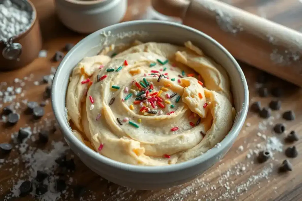 Homemade edible sugar cookie dough in a bowl