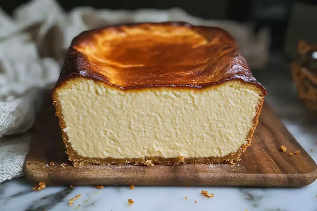 Whole loaf pan basque cheesecake with a perfectly caramelized top.
