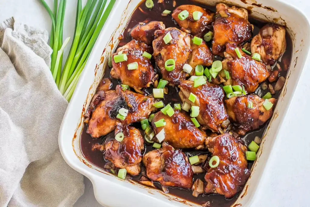 Baked Hawaiian Teriyaki Chicken thighs in a dish, garnished with green onions.