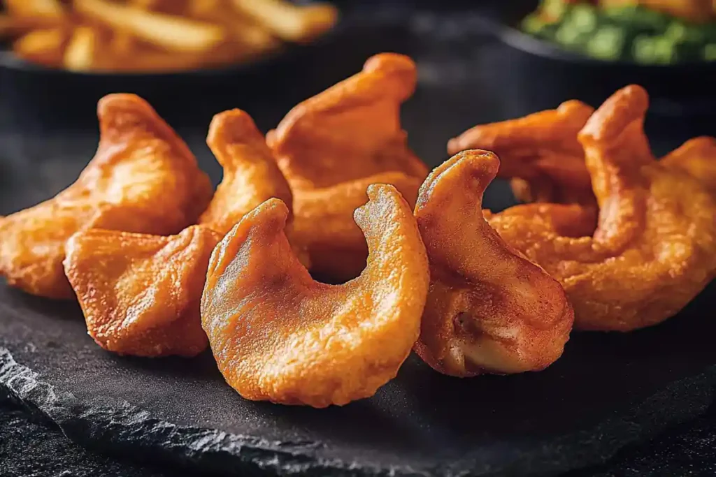 Golden sidewinder fries on black plate