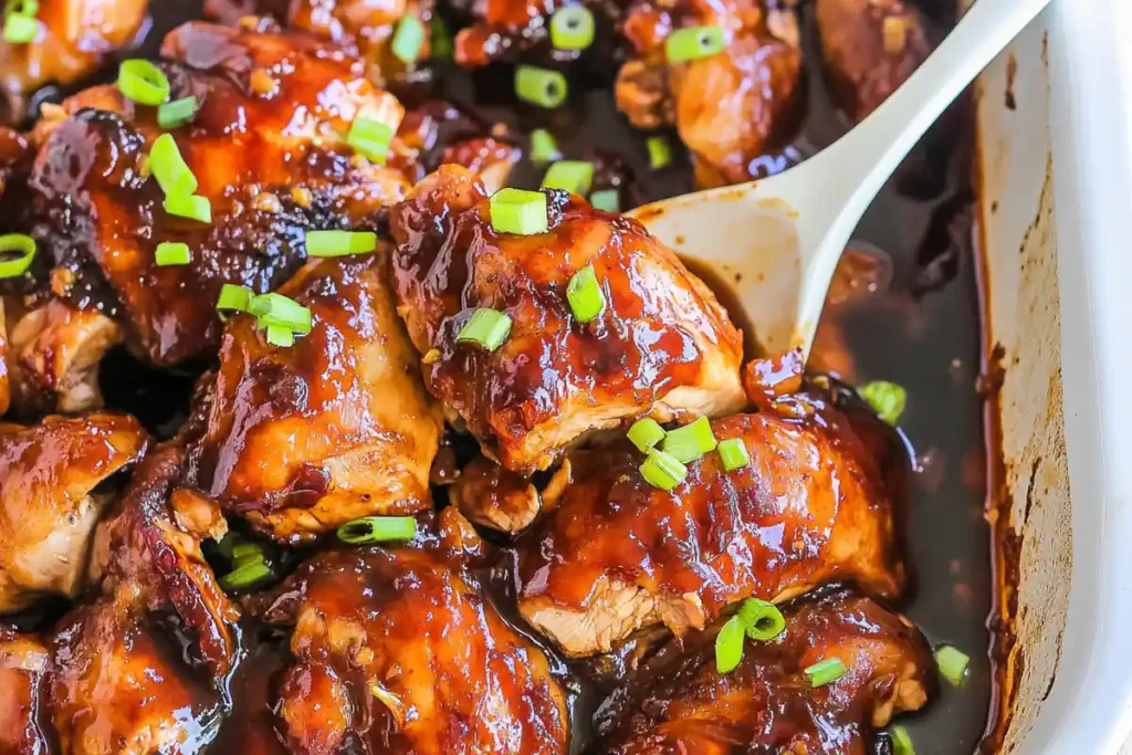 Close-up of glistening Hawaiian Teriyaki Chicken thighs with green onions.