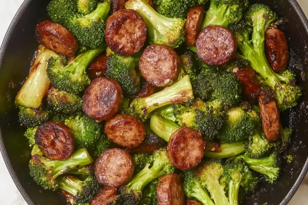 sausage broccoli stir-fry​ in a pan