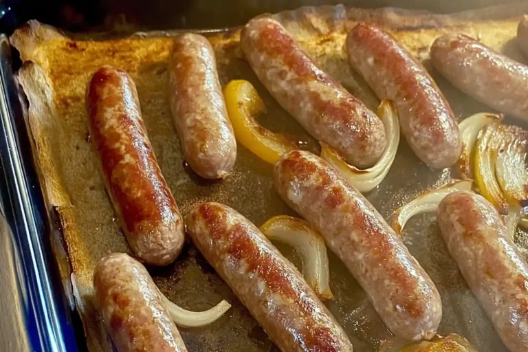 Oven-baked Italian sausage with roasted peppers and onions; a simple, delicious meal.